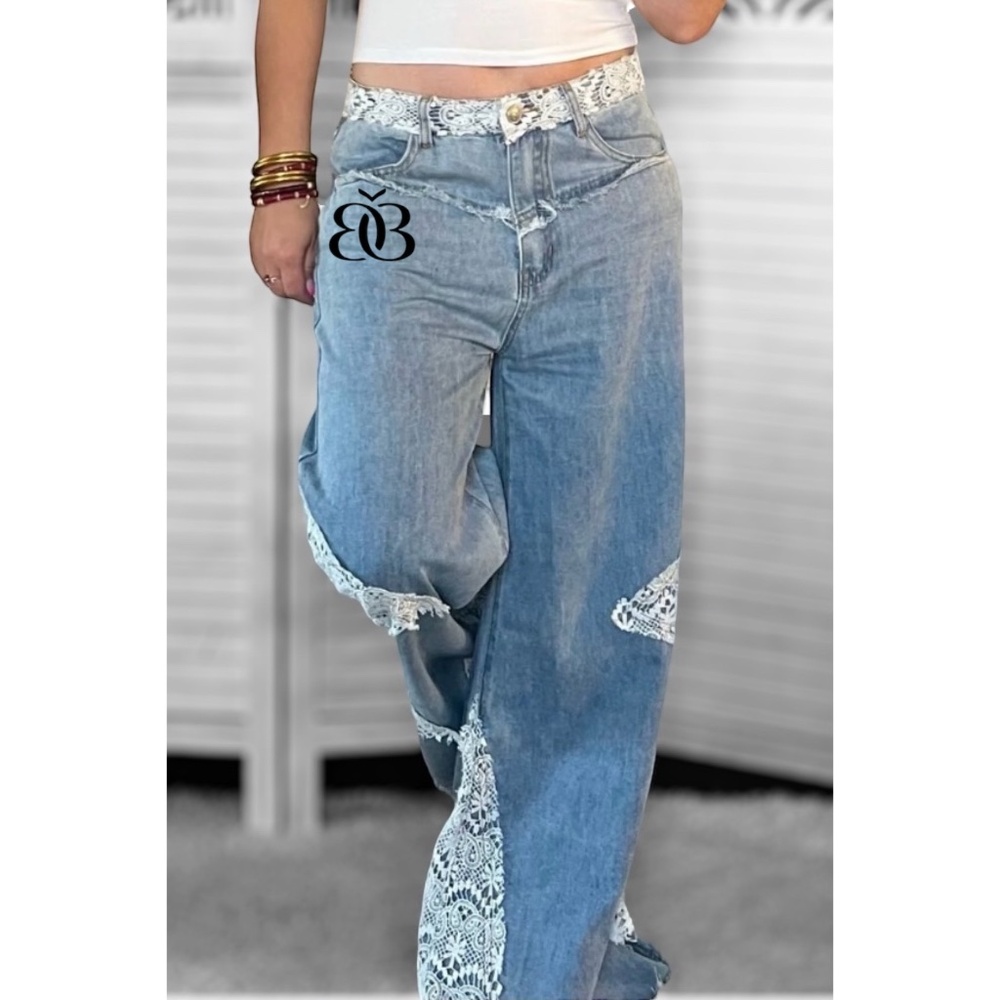 POL Vintage Washed Crochet Patched Straight Wide Leg Slouch Jeans - Picture 12 of 16